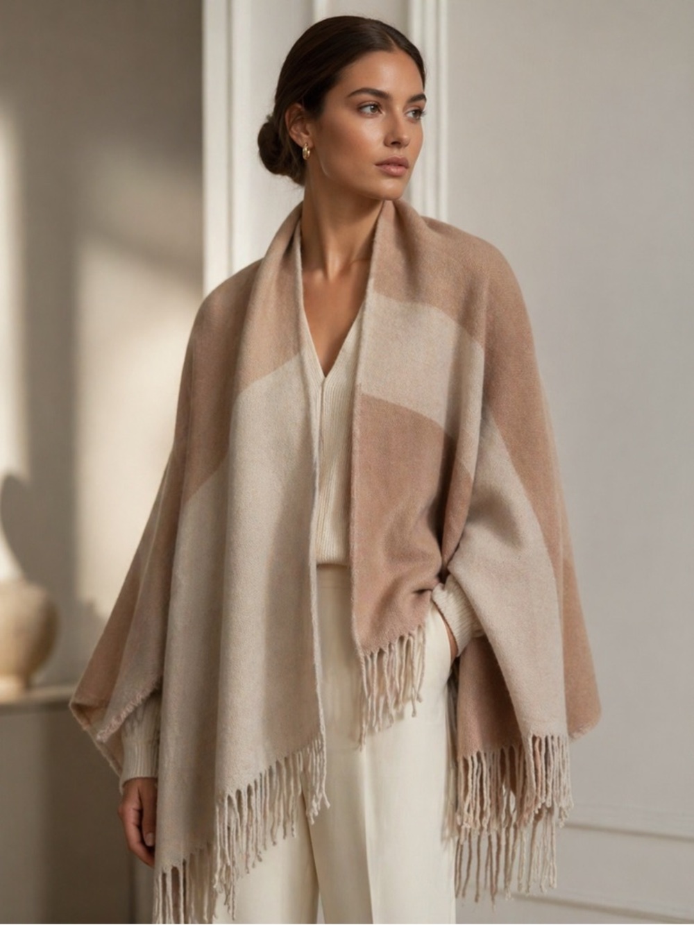 Soia & Kyo Pink Cream Colorblock Fringe Poncho Cape Wrap Scarf Cardigan